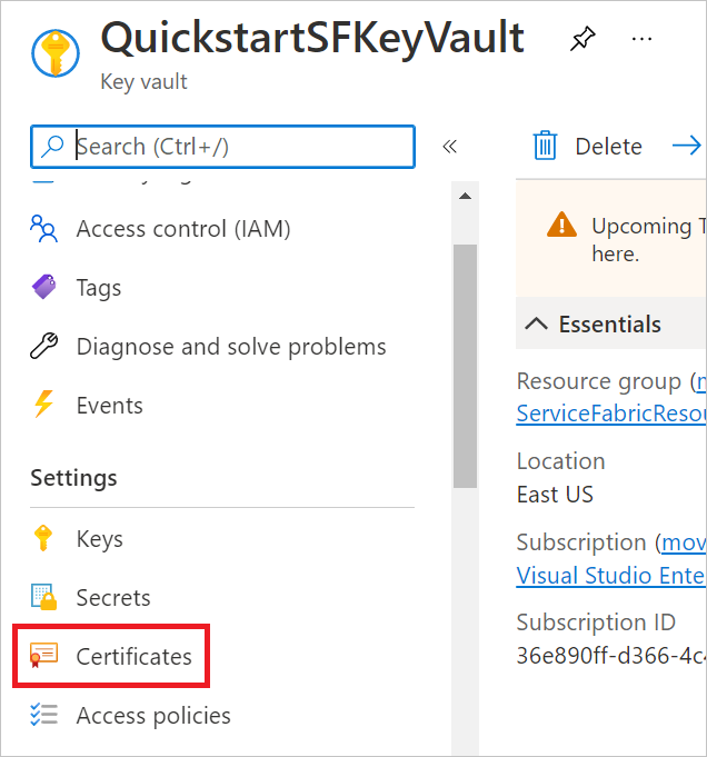 Select the Certificates tab under Settings in the left pane.