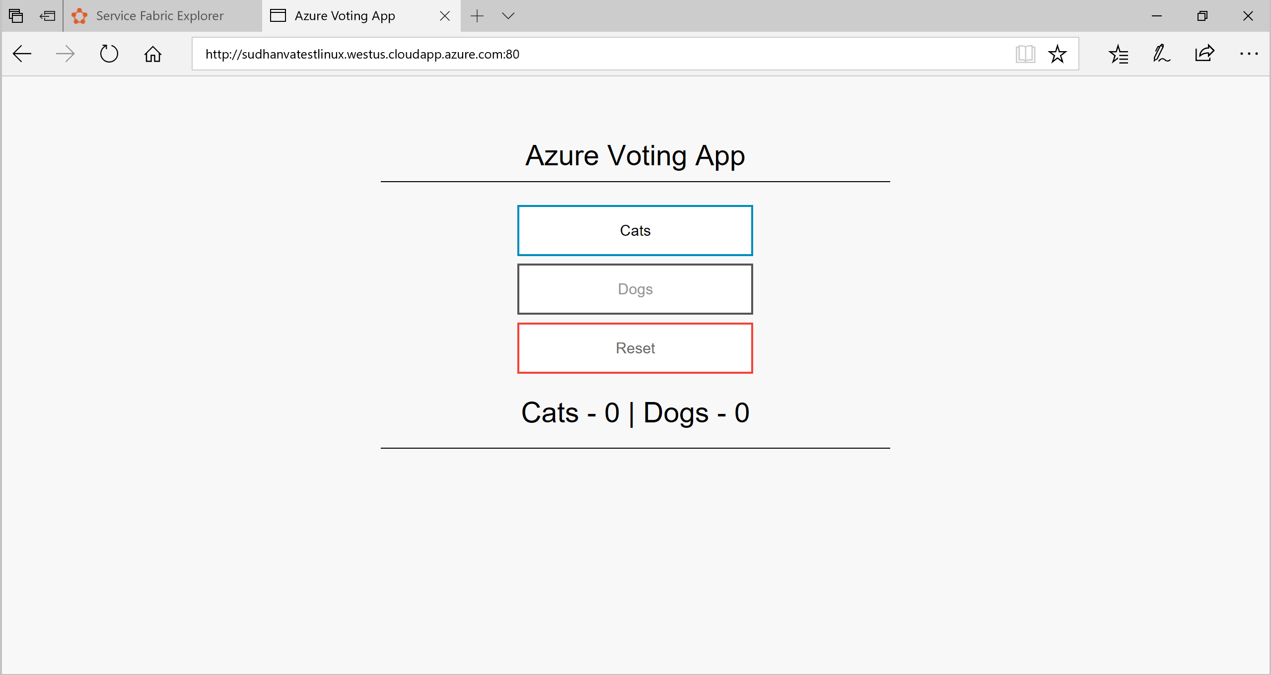 Screenshot shows the Azure Voting App with buttons for Cats, Dogs, and Reset, and totals.
