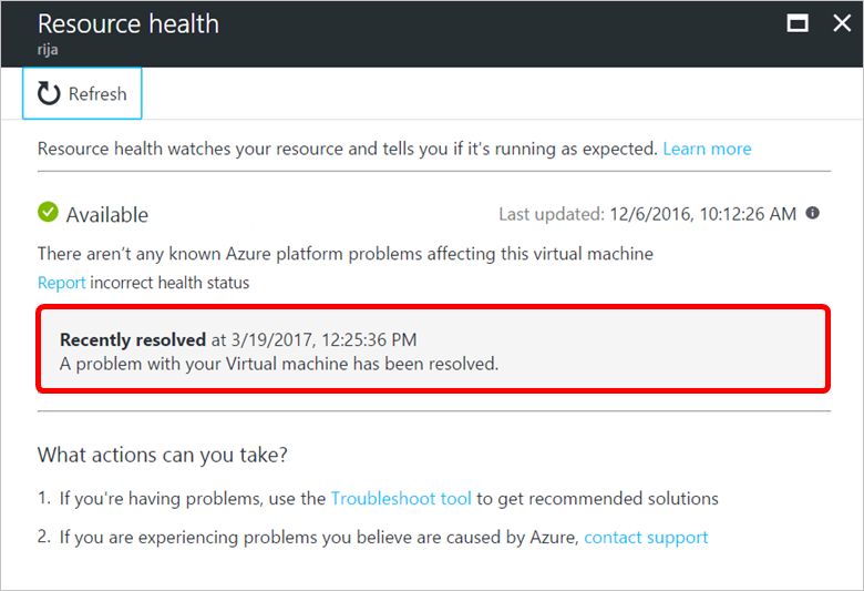 Status of Available for a virtual machine that has a "Recently resolved" notification