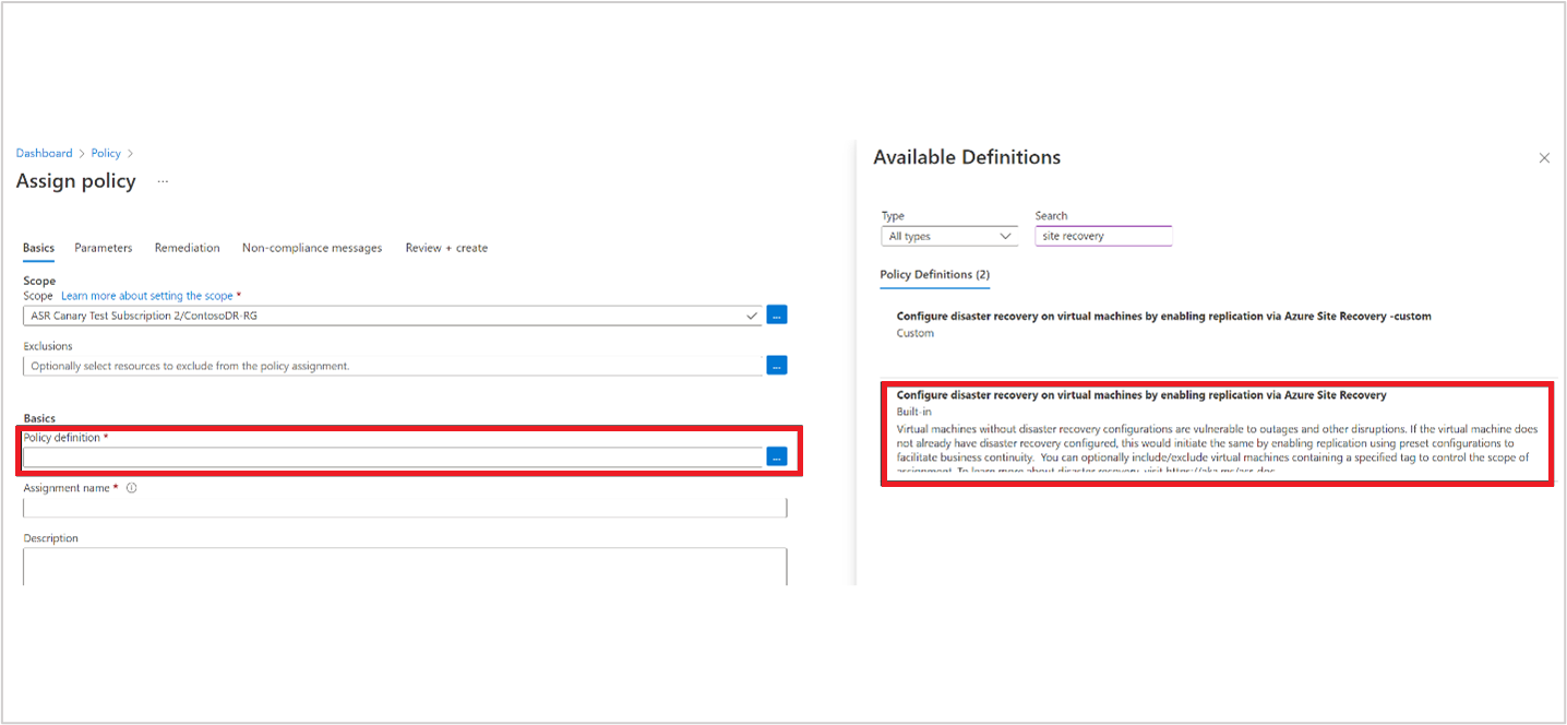 Screenshot of selecting a policy definition from the Basics page.