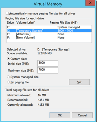 Paging file settings on Azure virtual machine
