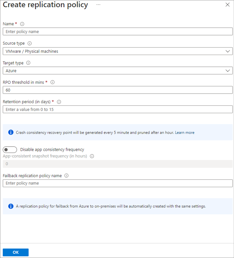 Screenshot of the options for creating a replication policy.