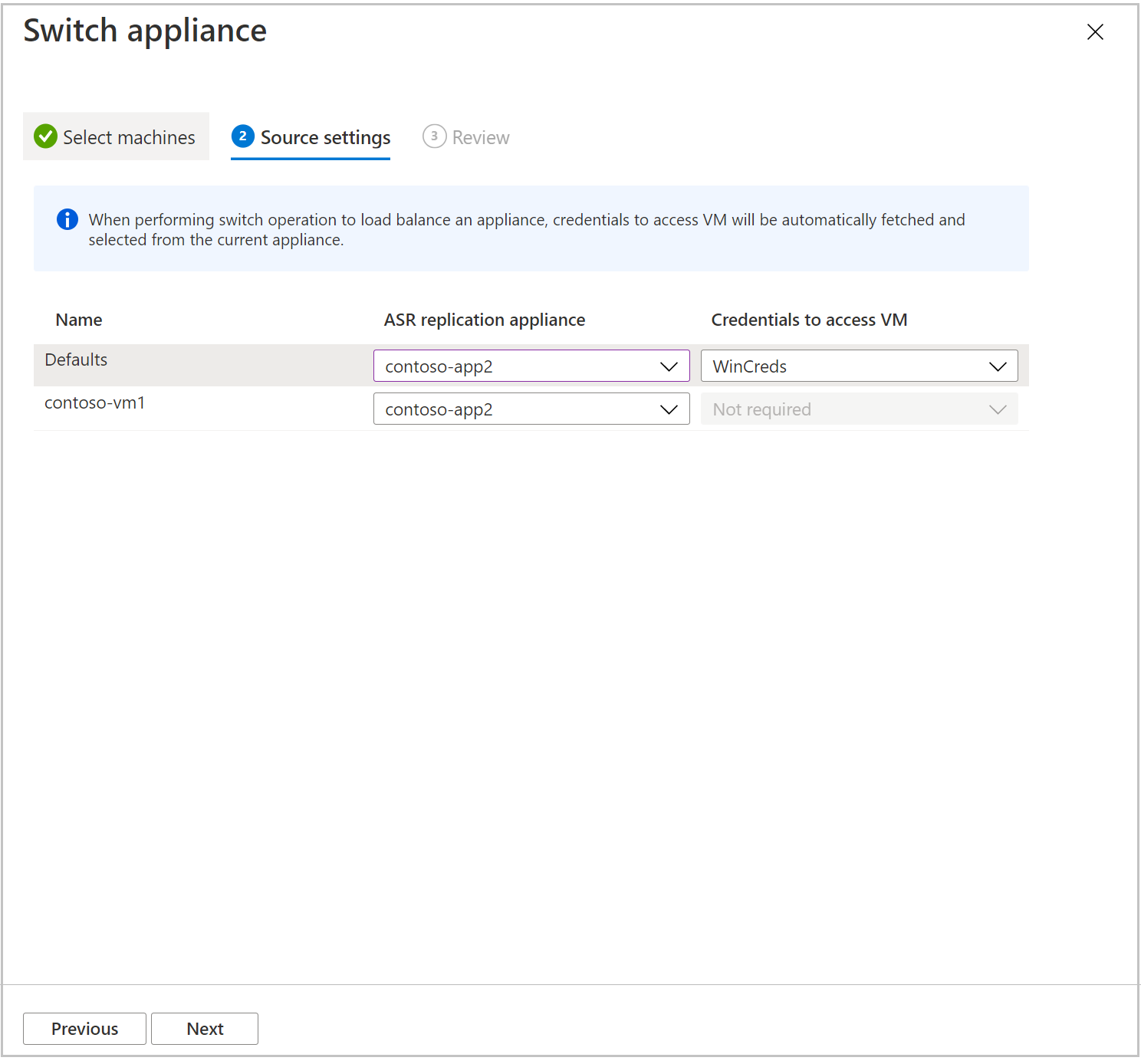 Source settings for replication appliance