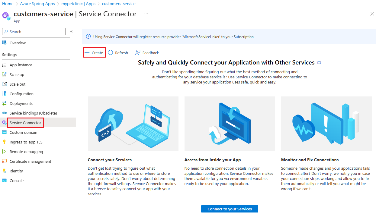 Screenshot of the Azure portal, in the Azure Spring Apps instance, create a connection with Service Connector.