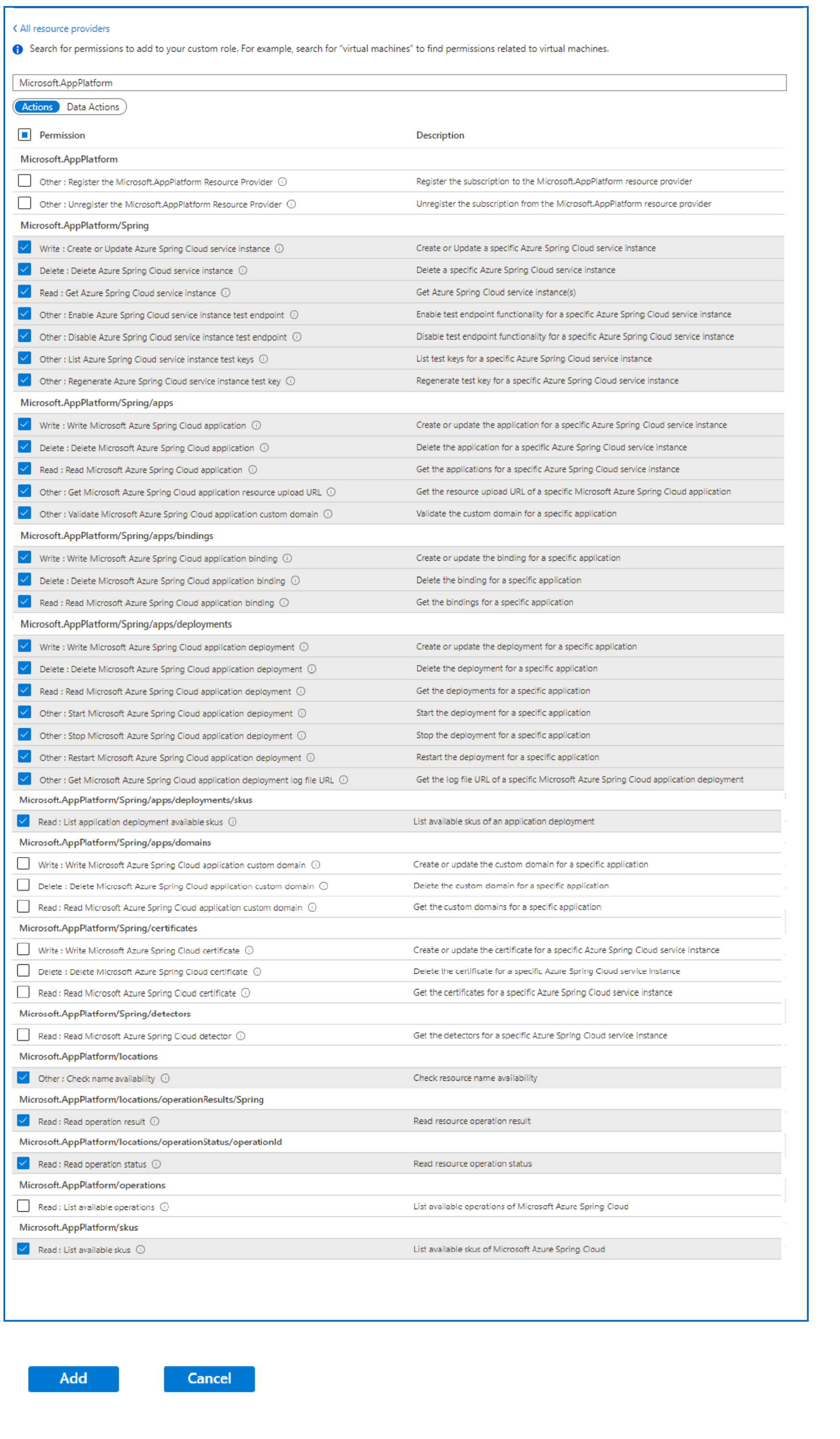 Screenshot of Azure portal that shows the selections for Azure Pipelines / Jenkins / GitHub Actions permissions.