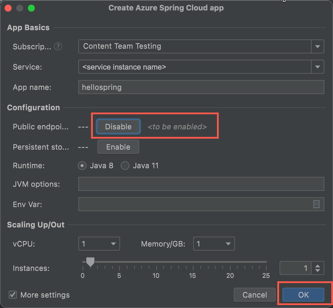 Screenshot of IntelliJ IDEA Create Azure Spring Apps dialog box with public endpoint Disable button highlighted.