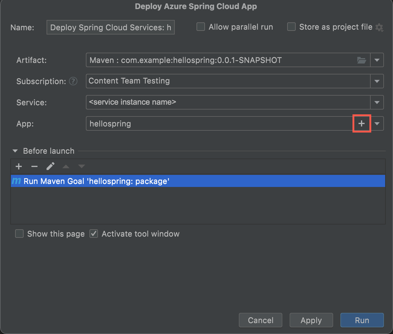 Screenshot of IntelliJ IDEA showing Deploy Azure Spring Apps dialog box.