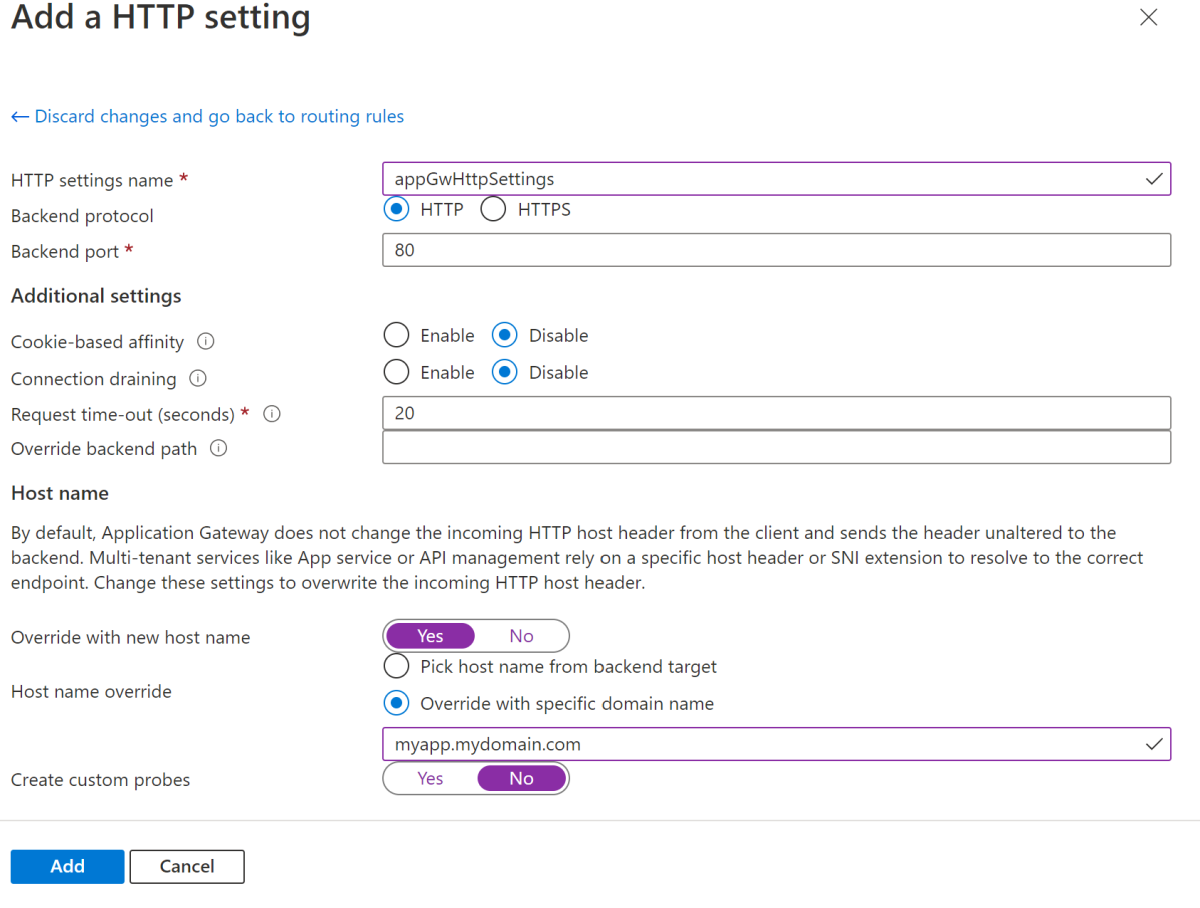 Screenshot of Azure portal 'Add a H T T P setting' page.