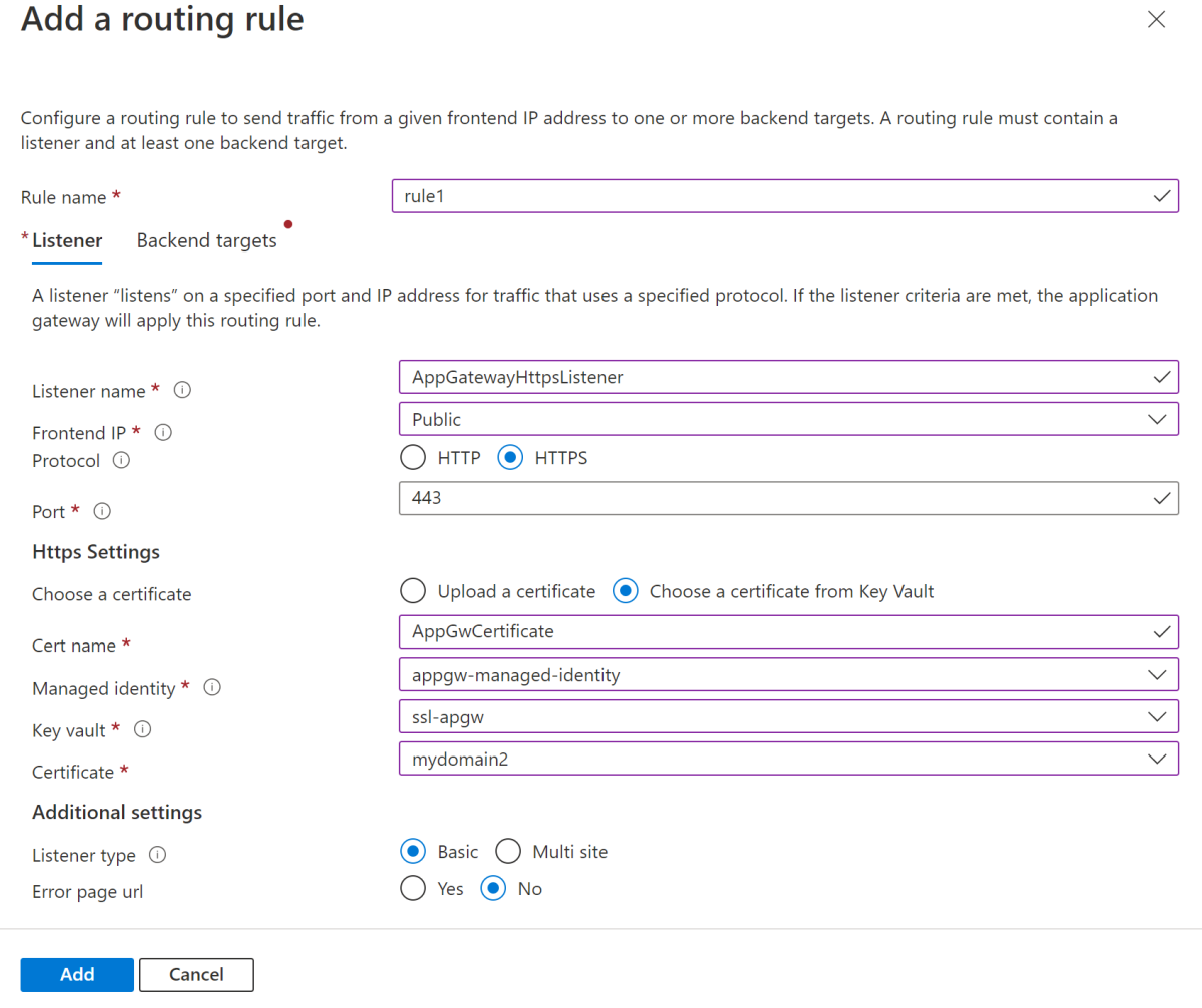 Screenshot of Azure portal 'Add a routing rule' page.
