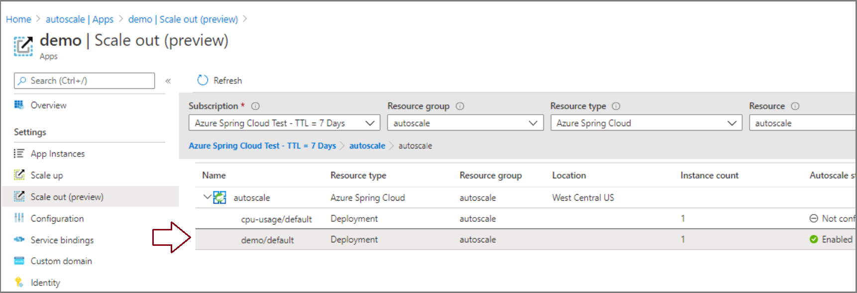 Screenshot of Azure portal Scale out page with demo/default deployment indicated.
