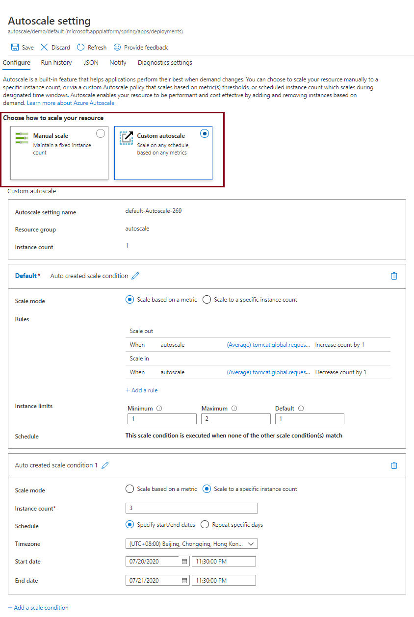 Screenshot of Azure portal showing the **Autoscale setting** page with the **Custom autoscale** option highlighted.