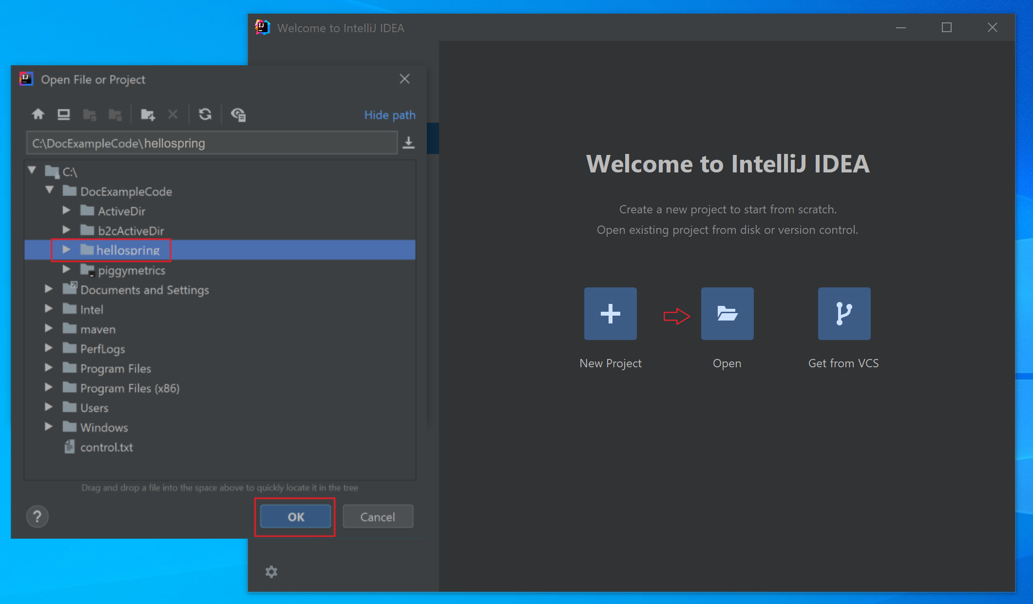 Screenshot of IntelliJ IDEA showing Open File or Project dialog box.