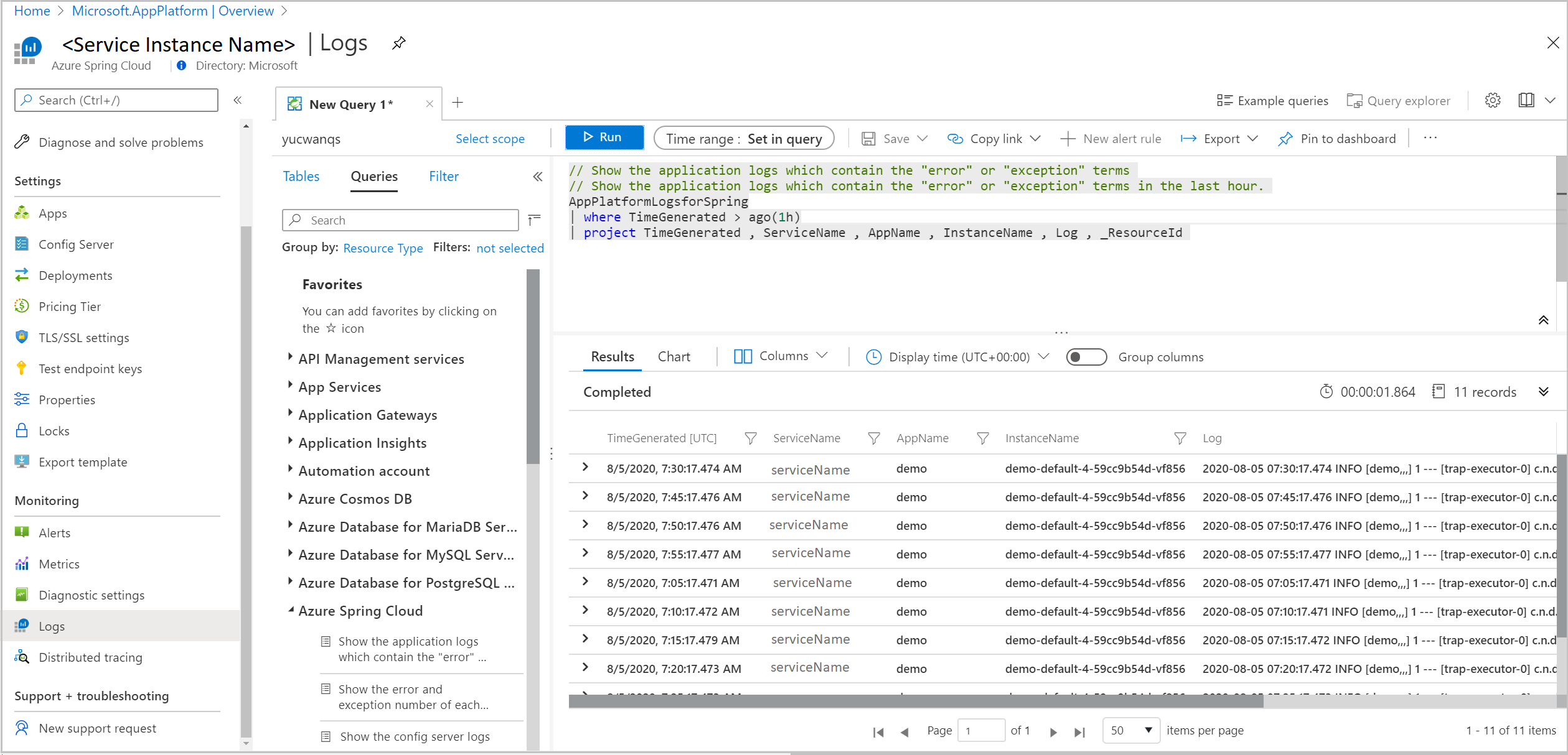 Screenshot of Azure portal showing Azure Spring Apps Logs query.
