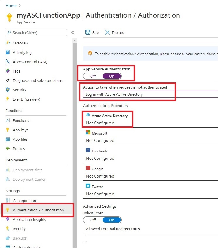 Authentication settings showing Azure Active Directory as the default provider