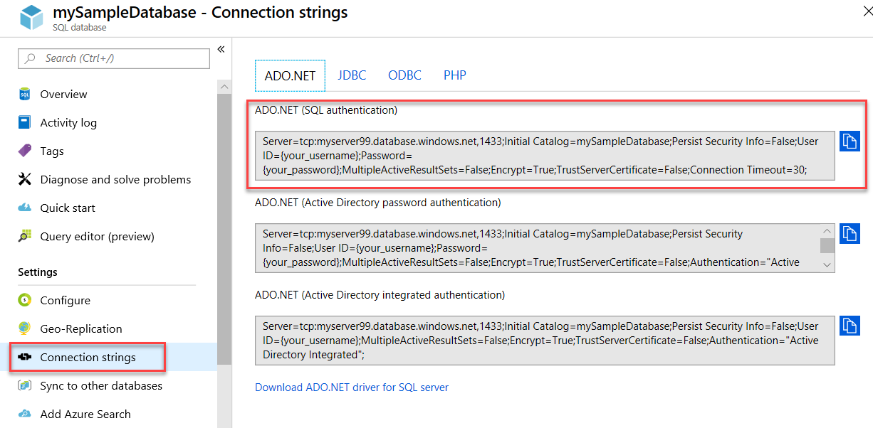 Image result for azure sql database connection string
