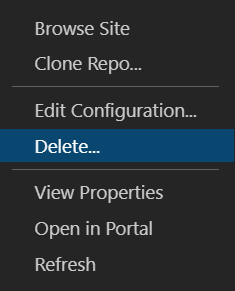 An image of the menu that is shown when right-clicking on a static web app. The Delete option is highlighted.