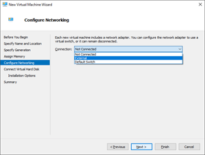 Image showing the location of the network Connection field within the New Virtual Machine Wizard.