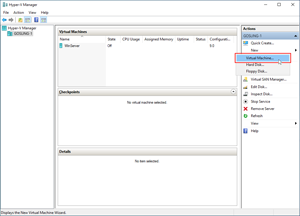 Image showing how to launch the New Virtual Machine Wizard from within the Hyper-V Manager.