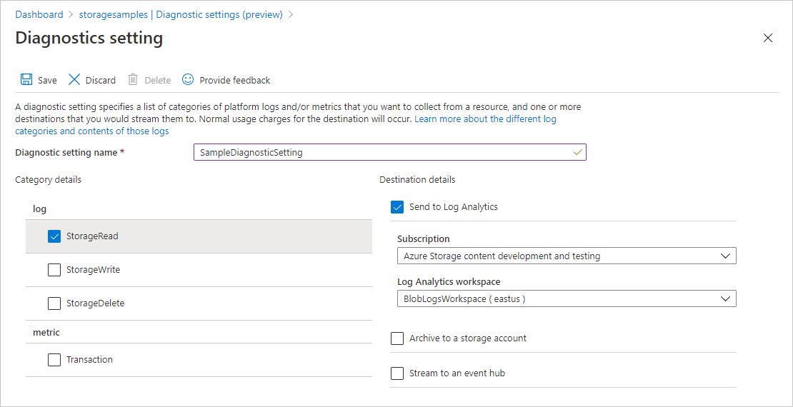 Screenshot showing how to create a diagnostic setting for logging requests
