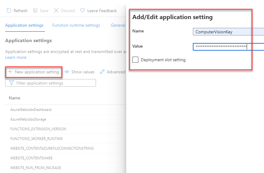 A screenshot showing how to add a new application setting to an Azure Function.
