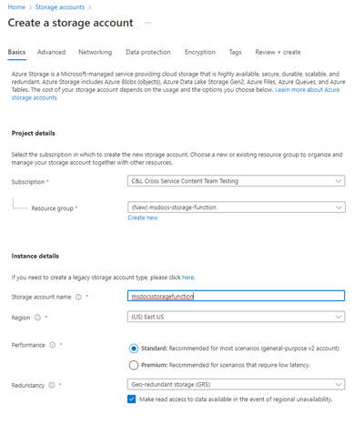 A screenshot showing how create a storage account in Azure.