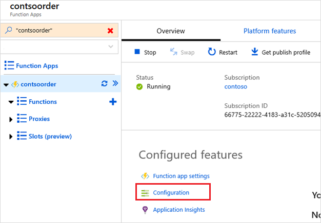 Screenshot that highlights the Configuration option under Configured features.