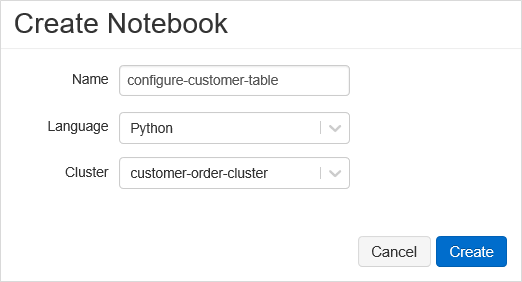 Screenshot that shows the Create Notebook dialog box and where to select Python as the language.