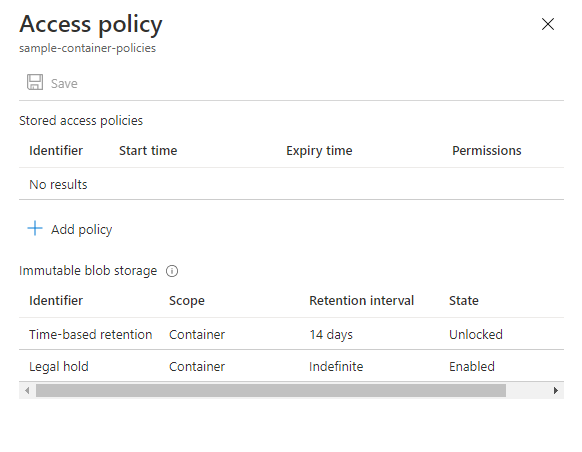 Screenshot showing a container with both a time-based retention policy and legal hold configured