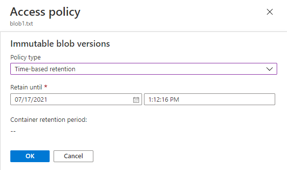 Screenshot showing how to configure a retention policy for the current version of a blob