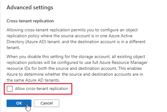 Screenshot showing how to disallow cross-tenant object replication for an existing storage account