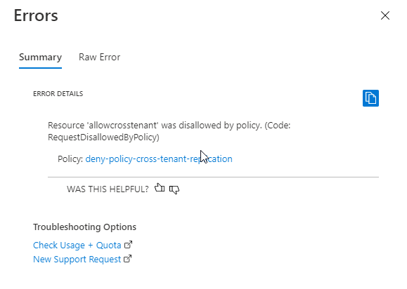 Screenshot showing the error that occurs when creating a storage account in violation of policy
