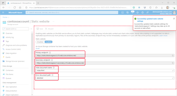 Image showing the Static website properties within the Azure portal