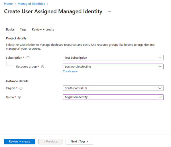 A screenshot showing how to create a user assigned managed identity.