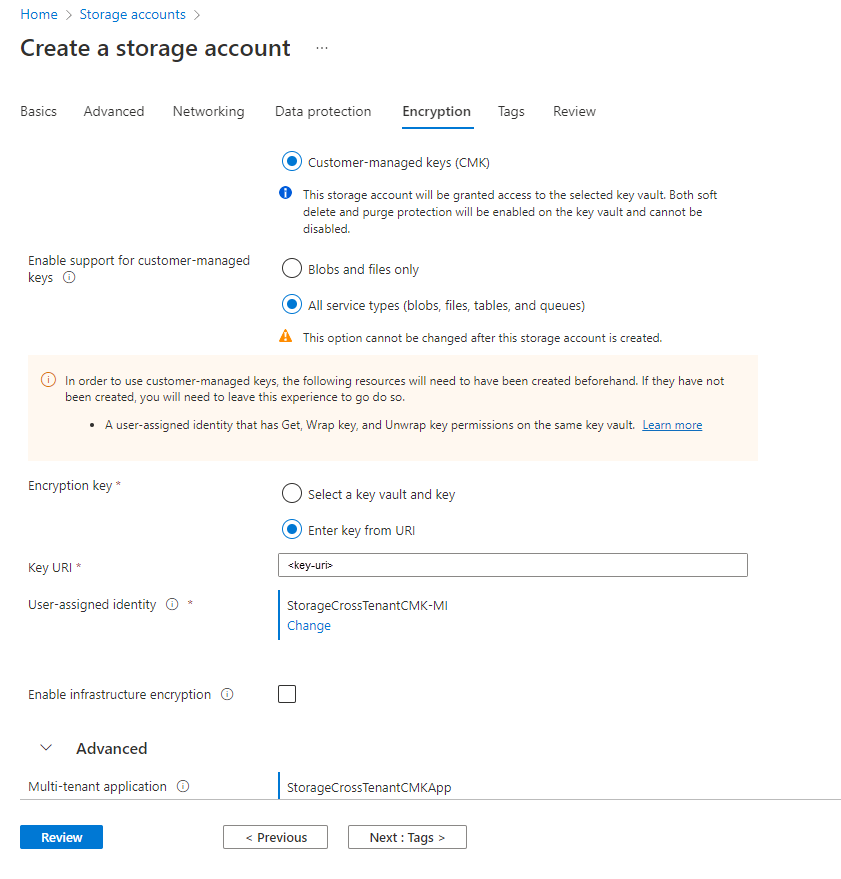 Screenshot showing how to configure cross-tenant customer-managed keys for a new storage account in Azure portal.