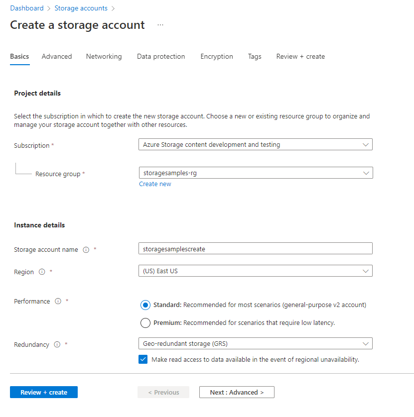 Screenshot showing a standard configuration for a new storage account - Basics tab
