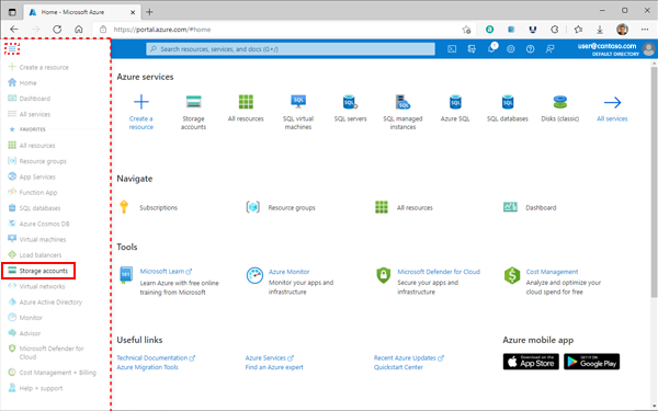 Image of the Azure Portal homepage showing the location of the Menu button near the top left corner of the browser