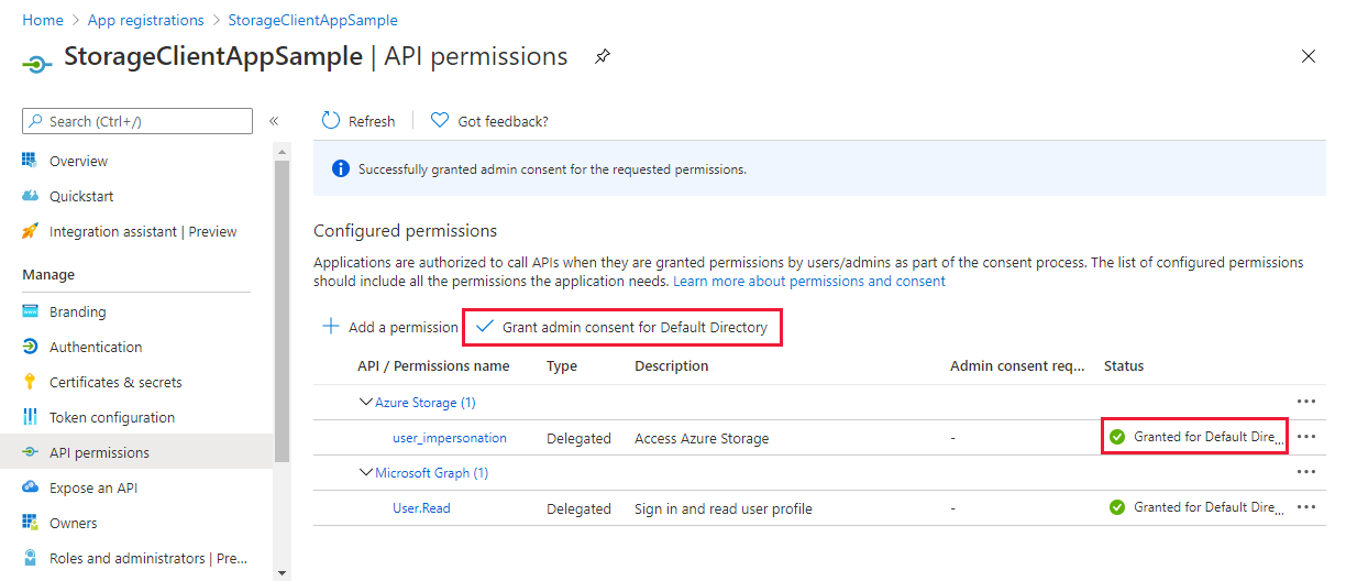 Screenshot showing API permissions for registered app
