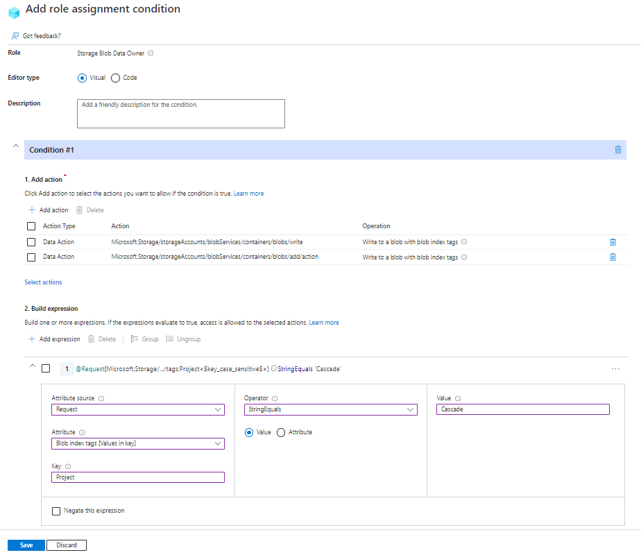 Screenshot of condition editor in Azure portal showing new blobs must include a blob index tag.