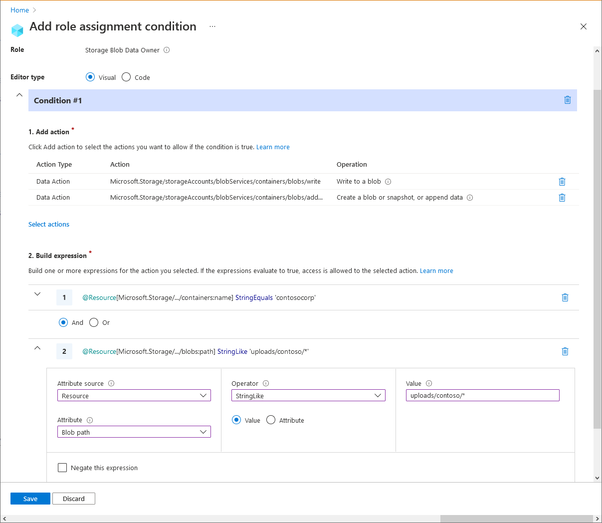 Screenshot of condition editor in Azure portal showing write access to blobs in named containers with a path.