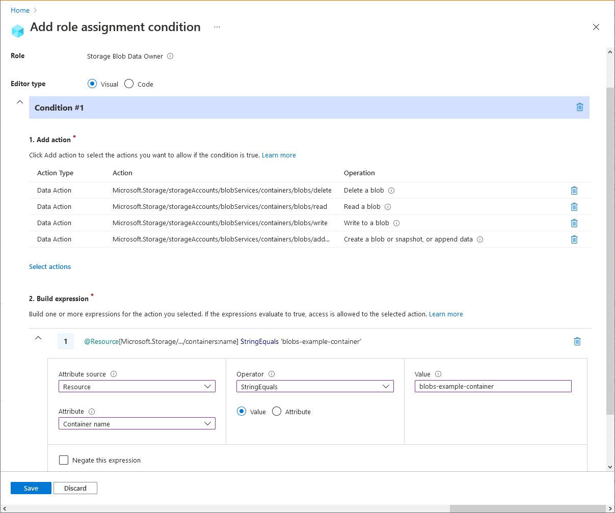 Screenshot of condition editor in Azure portal showing read, write, or delete blobs in named containers.