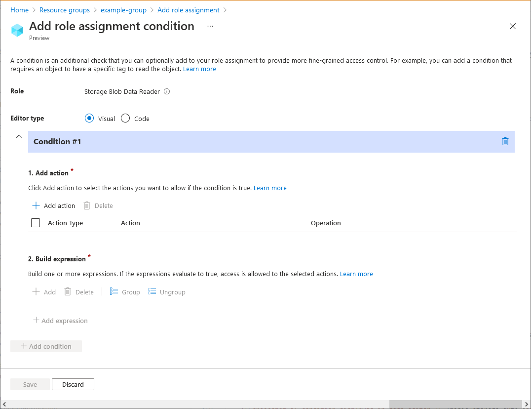 Screenshot of Add role assignment condition page for a new condition.