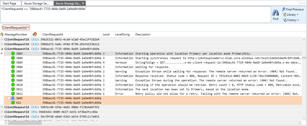 Client log showing 404 errors