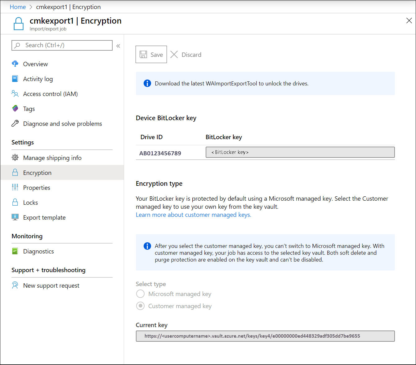 Screenshot of the Encryption blade for an export job in Azure Import Export Jobs. The Encryption menu item and Copy button for the key are highlighted.
