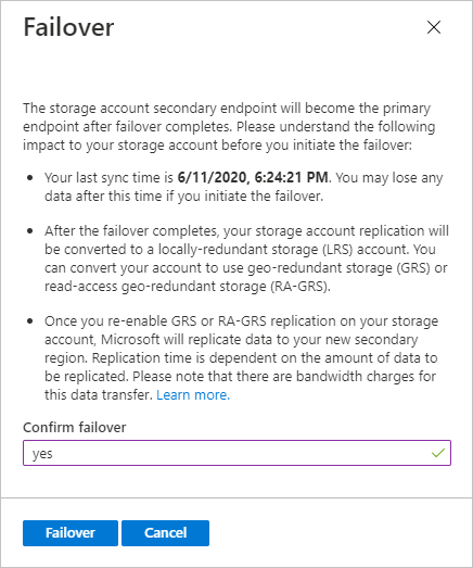 Screenshot showing confirmation dialog for an account failover