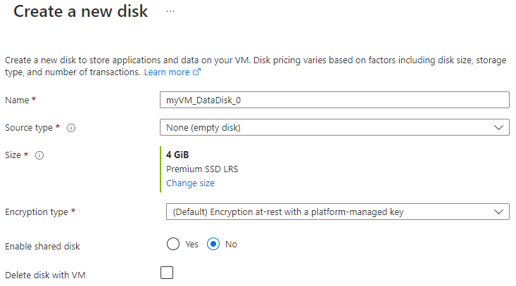 Screenshot showing how to create a new data disk for your V M.
