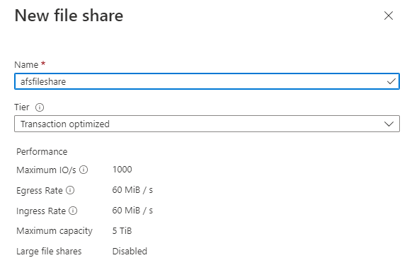 Screenshot showing how to create a new file share using the Azure portal.