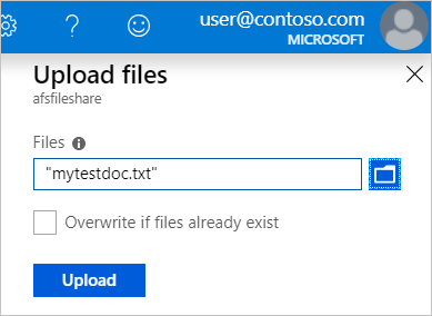 Screenshot showing how to browse and upload a file to the new file share using the Azure portal.