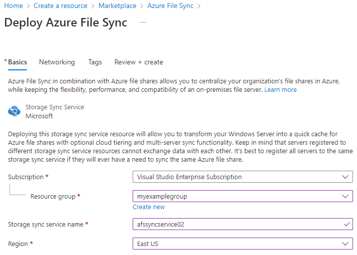 Screenshot showing how to deploy the Storage Sync Service in the Azure portal.