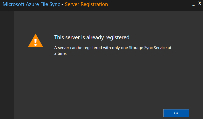 A screenshot of the Server Registration dialog with the "server is already registered" error message