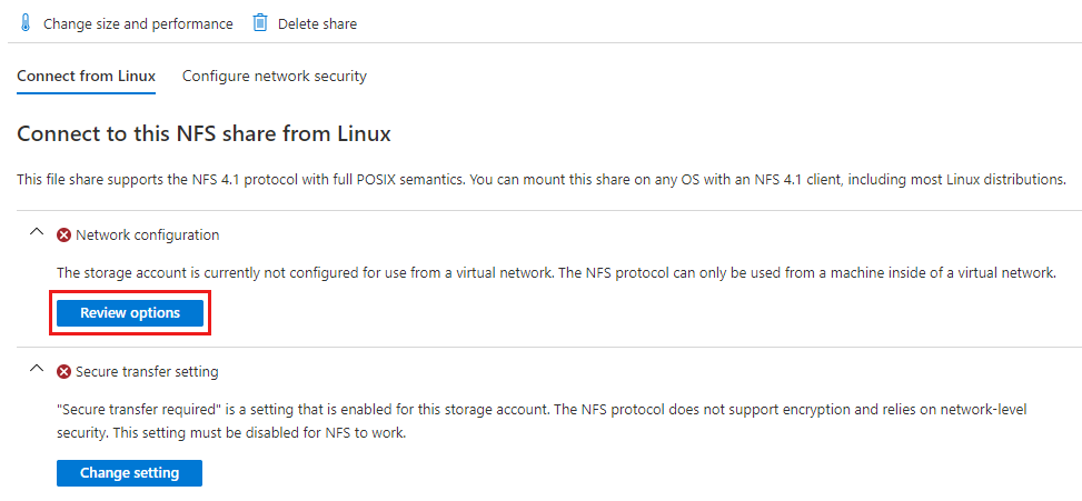 Screenshot showing how to configure network and secure transfer settings to connect the N F S share from Linux.